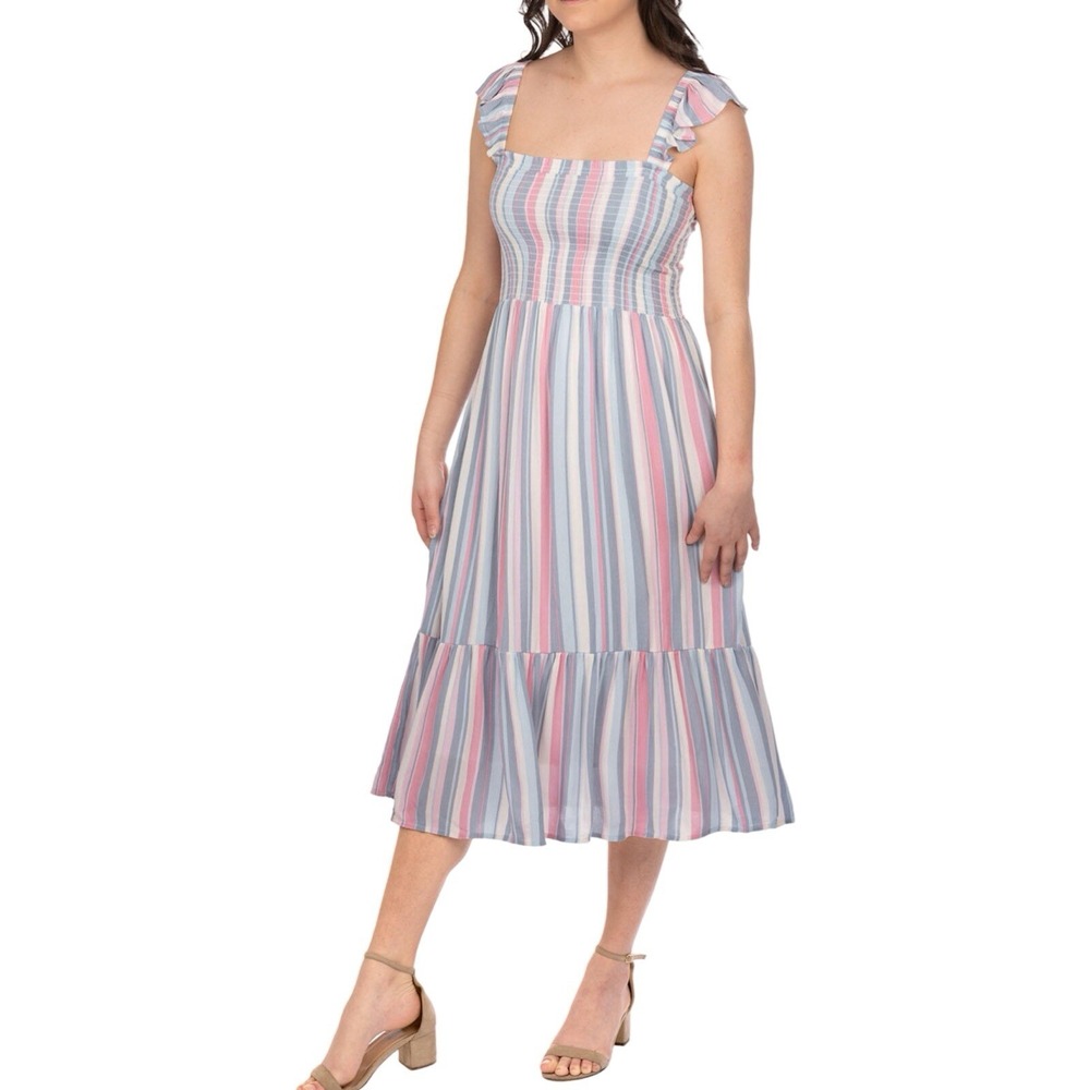 Gibsonlook Women's‎ XXL Midi Summer Breeze Smocked Dress Ruffle Shoulder Straps
